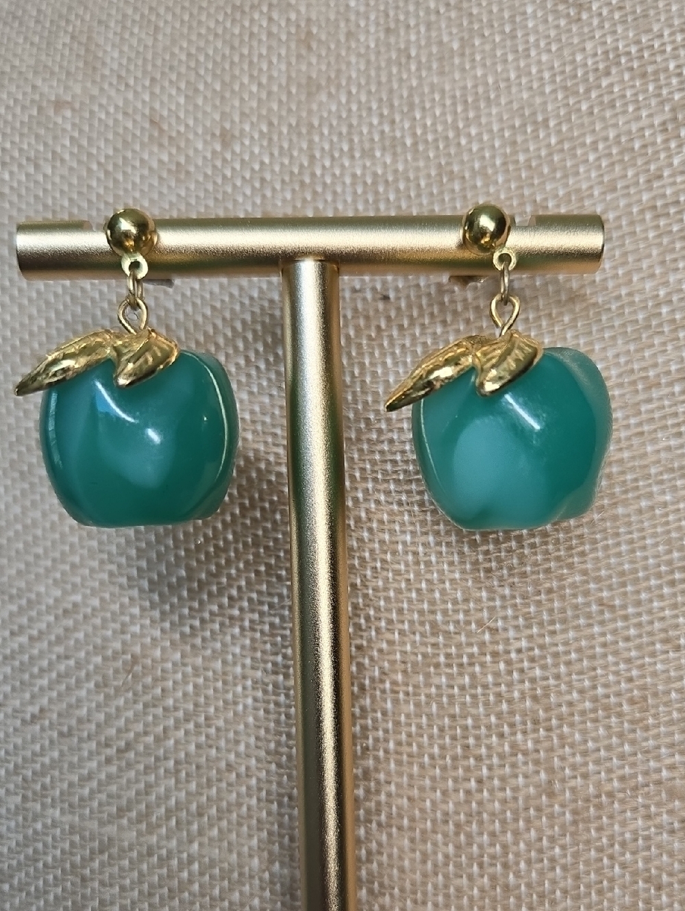 Avon Teal Apple Drop Earrings with Gold Leaves